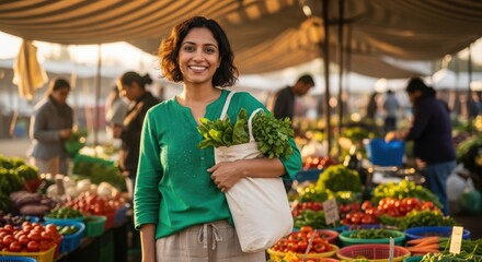 Naklejka premium Happy indian woman holding bag with fresh vegetables at outdoor farmers market, smiling and looking at camera with blurred background