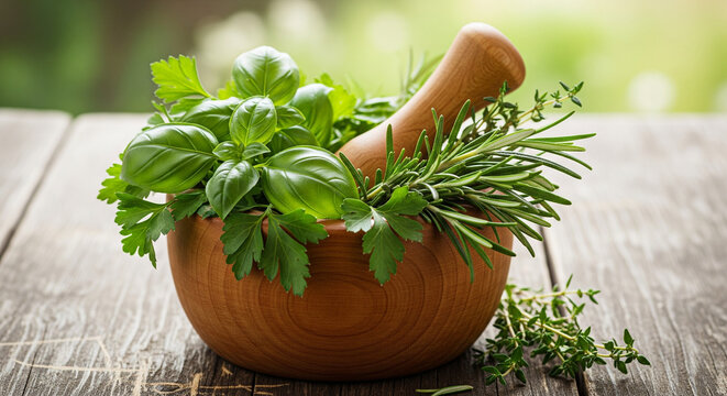 mortar with herbs - Powered by Adobe