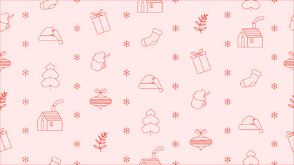 A seamless pattern of holiday icons like gifts, hats, mugs, houses, and ornaments on a soft pink background, creating a cheerful seasonal look ideal for Christmas-themed prints or decor.