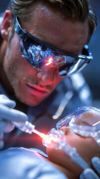 Close-up of a medical professional using a glowing laser device during an infant intubation procedure