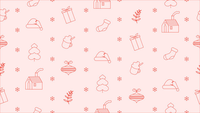A seamless pattern of holiday icons like gifts, hats, mugs, houses, and ornaments on a soft pink background, creating a cheerful seasonal look ideal for Christmas-themed prints or decor.