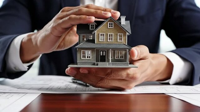 Businessman's hands protectively holding a miniature house, symbolizing home insurance, real estate investment, and prop... - Powered by Adobe