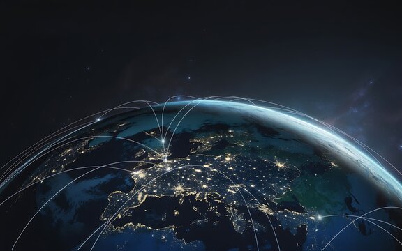 Digital depiction of the earth at night highlighting global connections representing communication technology networks and worldwide data transfer