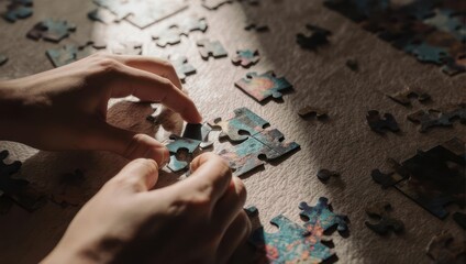 Close-up of hands assembling a jigsaw puzzle on a wooden table.