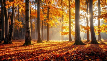 A sunlit forest floor covered in fallen golden leaves, with tall trees and bright autumn foliage creating a warm and inviting scene.