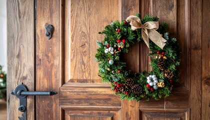 Festive Christmas Wreath Adorning a Rustic Wooden Door.
