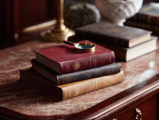 Vintage books stacked with a magnifying glass. Rich colors evoke history, knowledge, and exploration. Perfect for education, research, or mystery themes.