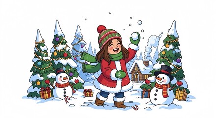 a girl playing in the snow on Christmas day wearing a red jacket