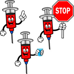 Syringe Mascot Set 04, Hand Drawn illustrations of Syringe Mascots in various poses.