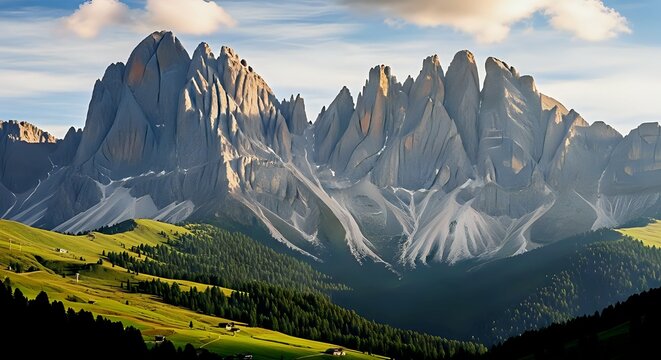 Majestic jagged mountain peaks with lush green grassy slopes and pine forests