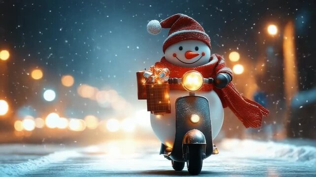 Cute snowman donning a Santa hat and cozy scarf zooming around on a scooter in the snowy night to spread Christmas cheer, with twinkling city lights casting a cozy bokeh backdrop