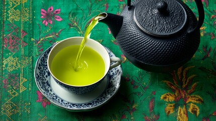 A teapot is pouring green tea into a white cup. The teapot is black and the cup is blue and white