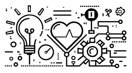 Digital Health Technology Innovation Concept. Creative Medical Solutions with Lightbulb, Heartbeat, and Gears Line Art.