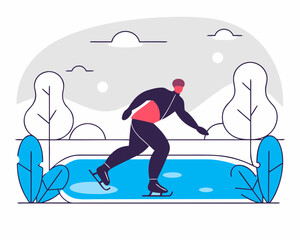 Person ice skating on a frozen lake surrounded by trees and bushes