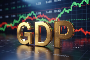 Gross domestic product GDP concept showing 3D golden letters with a stock market chart featuring green and red lines indicating economic trends