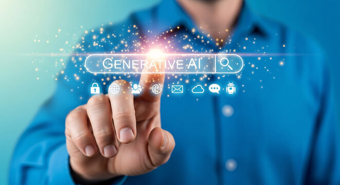 Finger touching screen with generative ai search bar and icons - Powered by Adobe