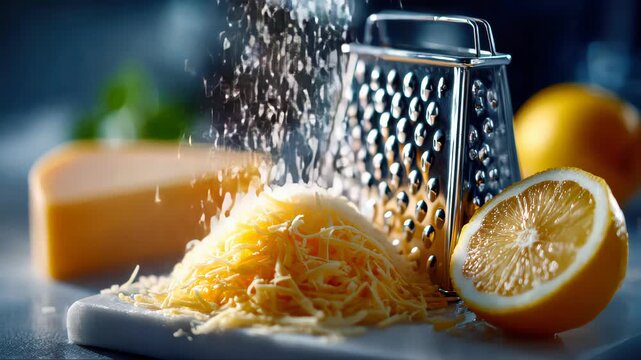 Fresh lemon zest being grated onto a metal grater, surrounded by whole lemons and bright, vibrant kitchen light
