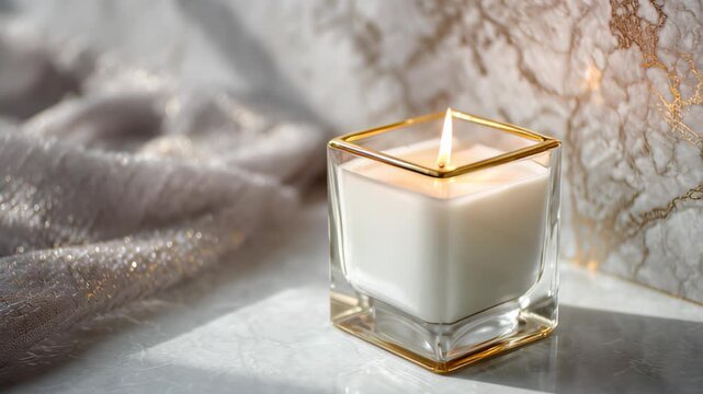 white candle in glass holder on marble table, golden flame glowing, luxury minimal festive vibe