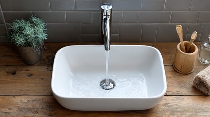 A sink with a faucet is filled with water. A potted plant is next to the sink
