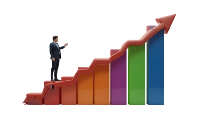 Man in suit on colorful bar chart with upward arrow, representing business progress, isolated on transparent background