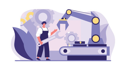 Flat illustration of a skilled repairwoman confidently using a wrench to fix or build something symbolizing expertise and problem solving in a clean modern design