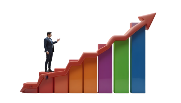 Man in suit on colorful bar chart with upward arrow, representing business progress, isolated on transparent background
