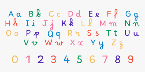 Crayon drawn kids english alphabet with funky doodle charm. Handwritten wax crayon font for kindergarten. Cute playful letters with pencil and chalk texture for learning illustrations.