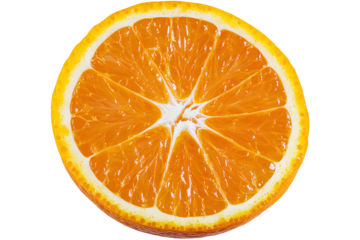 Vibrant cross section of fresh orange fruit with translucent juicy pulp segmented by white pith