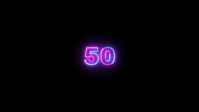 Abstract 50 text neon number animation on the black background. Glowing neon 50 number mathematics count text animation.