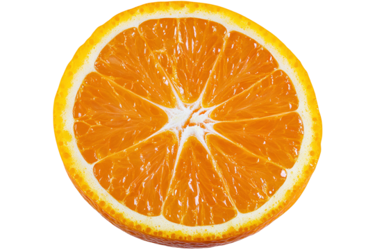 Vibrant cross section of fresh orange fruit with translucent juicy pulp segmented by white pith