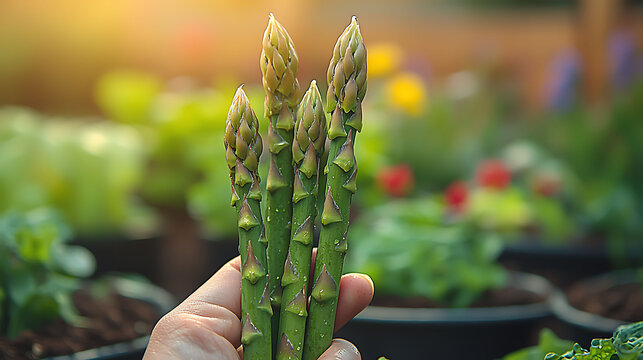 Hand holding fresh, vibrant green asparagus spears, glistening with dew, against a blurred background of a lush garden.  A symbol of spring, healthy eating, and homegrown produce.