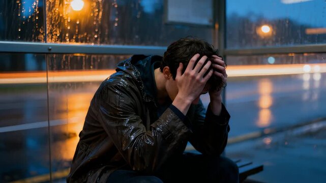 Rainy lonely evening, Alone at bus stop amidst downpour and darkness