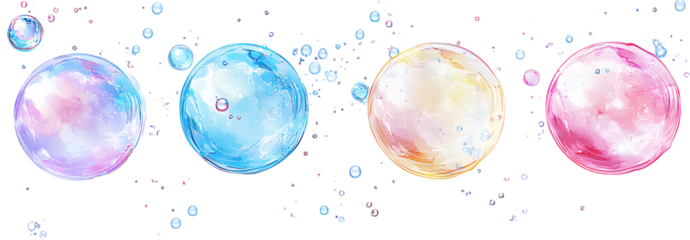 Vibrant watercolor bubbles floating on a transparent background, soft pastel hues of blue pink yellow