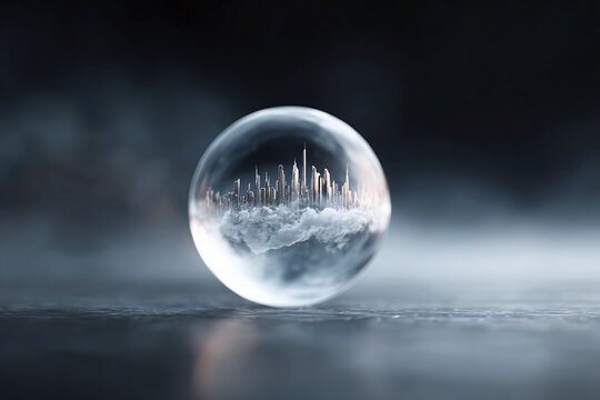 Futuristic city skyline encapsulated in a glass sphere, resting on a textured surface. Conceptual image for globalization, environment, future planning. Evokes innovation.
