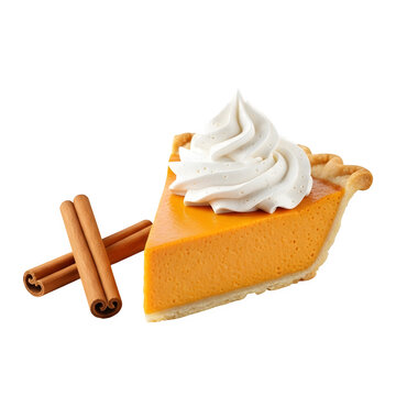 Delicious autumnal pumpkin pie slice with cream and cinnamon isolated on transparent background