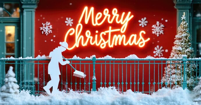 Winter scene depicts person sweeping snow. Bright red backdrop features festive Merry Christmas text, trees visible. Snowy landscape.