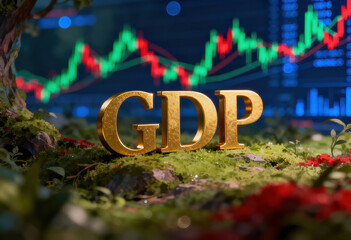 Gross domestic product GDP in golden letters surrounded by moss and flowers, against a blurred stock market chart with green and red lines