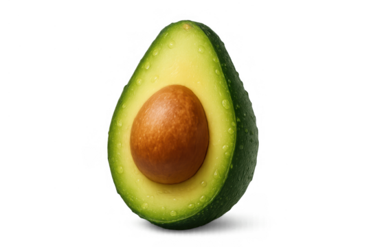 Fresh avocado half with seed and water drops on transparent background, showing healthy and organic fruit