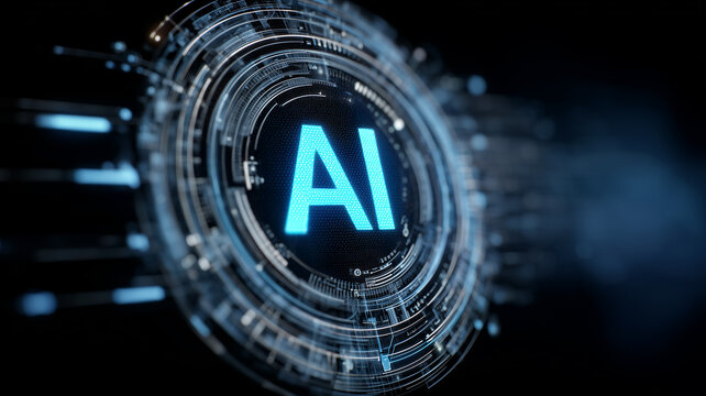 Futuristic AI interface with circular digital circuitry representing machine learning intelligence data processing and the central role of artificial intelligence in modern innovation ecosystems.
