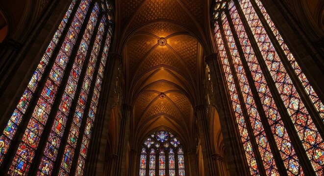 Cathedral interior ornate stained glass windows and arched ceiling details