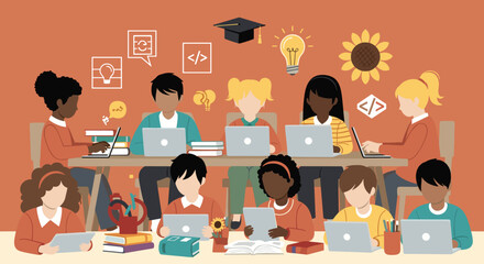 Diverse students learning together with laptops and tablets