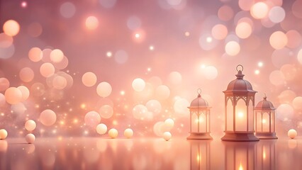 Soft glowing lanterns illuminate a blurred warm toned abstract background with bokeh lights