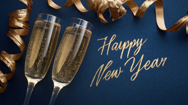Two champagne glasses toast against a dark background with golden ribbons, celebrating the joyous occasion of New Year.