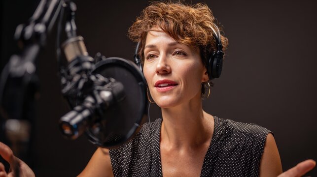 Female Voice Artist Recording in Professional Studio with Headphones and Microphone