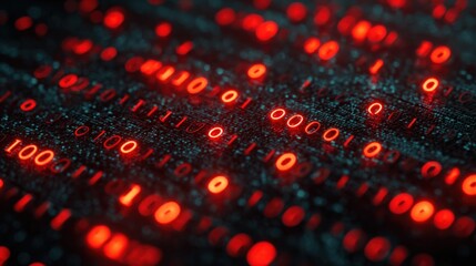 A close-up view of binary code displayed in red, representing data and technology in a digital context.