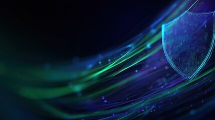 A digital abstract design featuring a shield with colorful flowing lines, representing security and protection in a tech-oriented context.