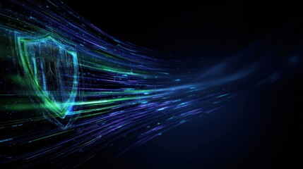 A dynamic digital shield surrounded by flowing lines of light, representing security and technology in a futuristic design.