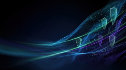 Abstract digital design featuring flowing lines and shield shapes, conveying a sense of security and technology.