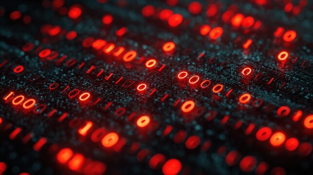 A close-up view of binary code displayed in red, representing data and technology in a digital context.