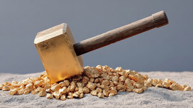 A hammer with a gold handle sits on top of a pile of gold. The hammer is the only object in the image, and it is the only thing that is not gold. Concept of wealth and abundance